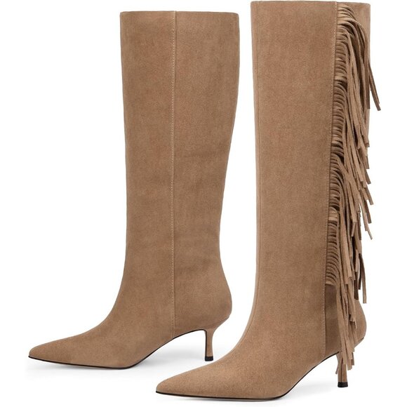 Women Suede Camel Knee High Boots Kitten Heels Tall Pointed Toe Long Boots - Picture 8 of 8
